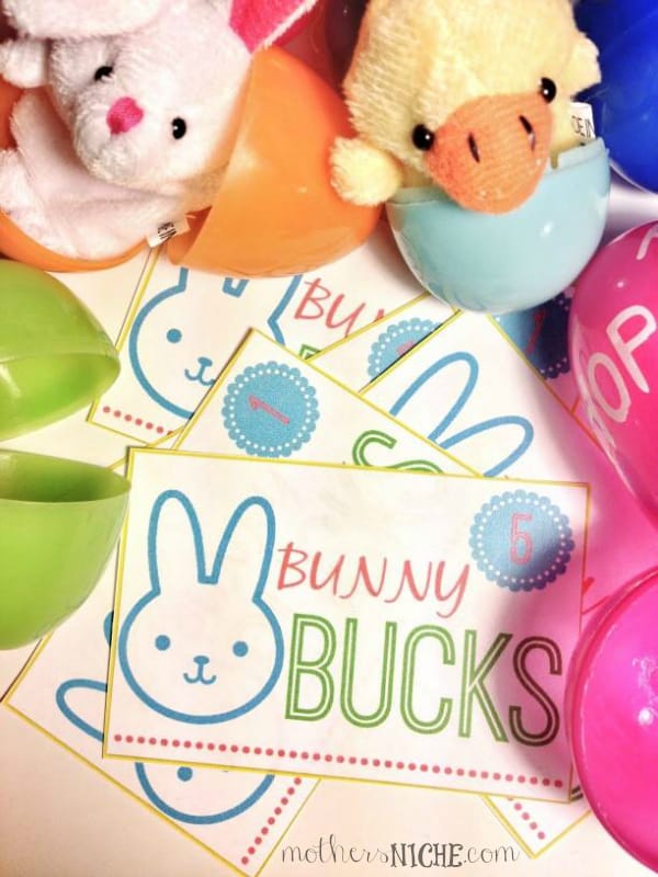 Bunny bucks to hide in Easter Eggs to be redeemed in the "Bunny Shop" for fun prizes