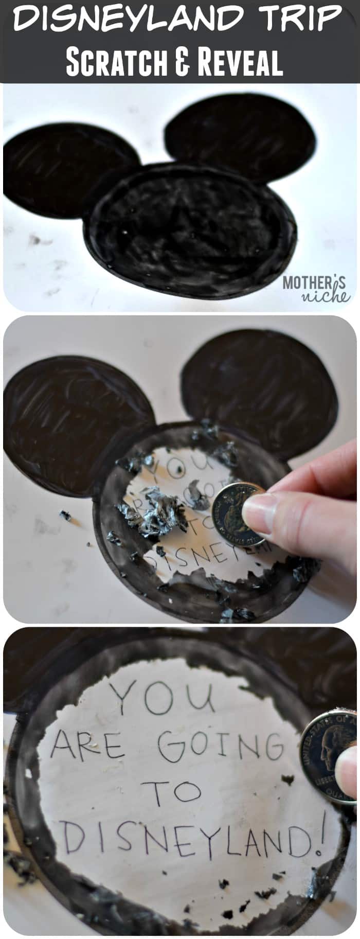DIY Scratch & Reveal for surprising kids with a trip to DIsneyland. You can also use the free printable as a treasure hunt with the surprise at the end!