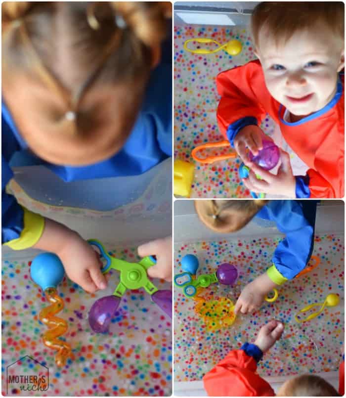 Water Beads are a favorite at our house! You can bounce them, squish them, sort them , strain them, or get our your toys and just play! AWESOME for development skills!