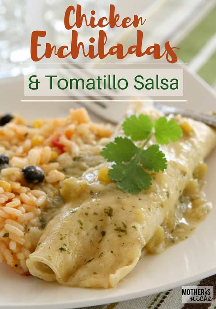 Chicken Enchiladas with an amazing tomatillo salsa! Great as a freezer meal recipe!