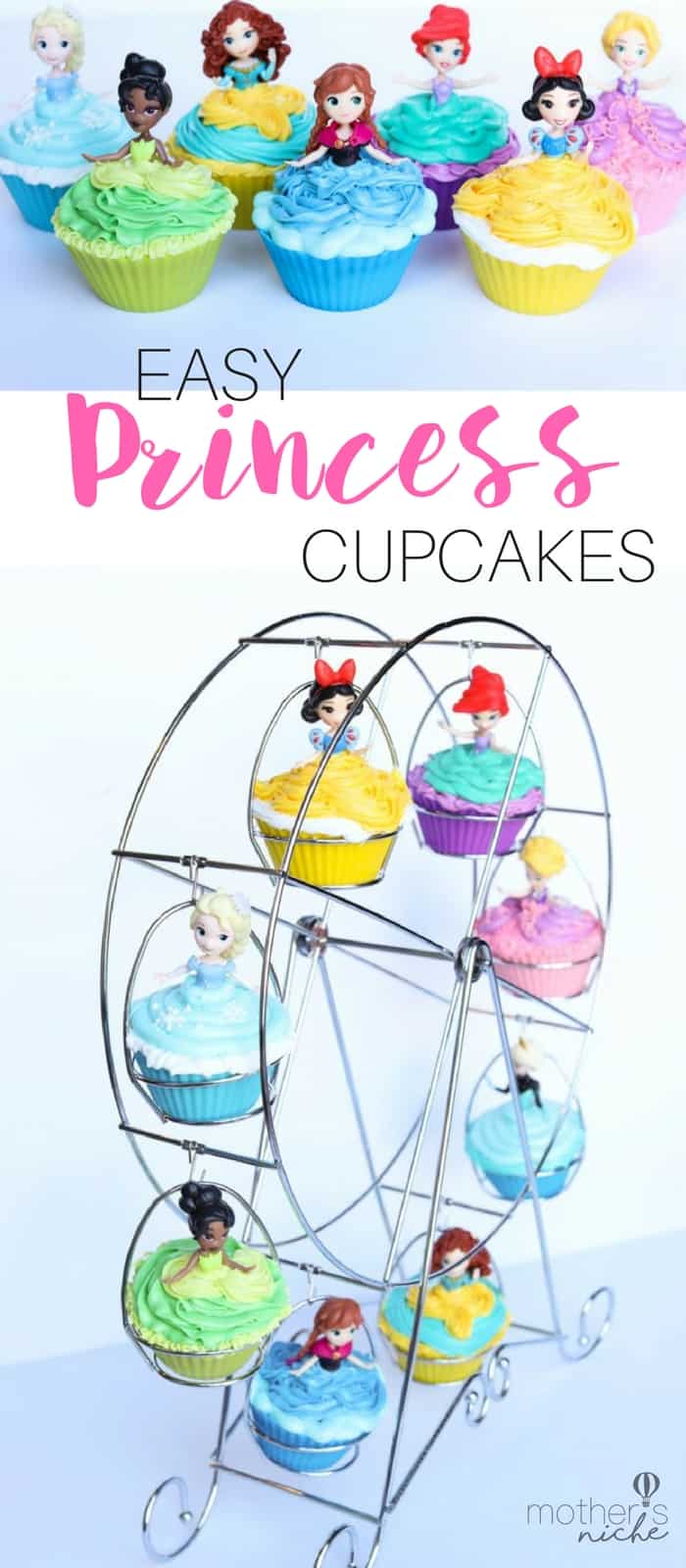 Easy Princess cupcakes that can easily be made into a princess birthday cake.